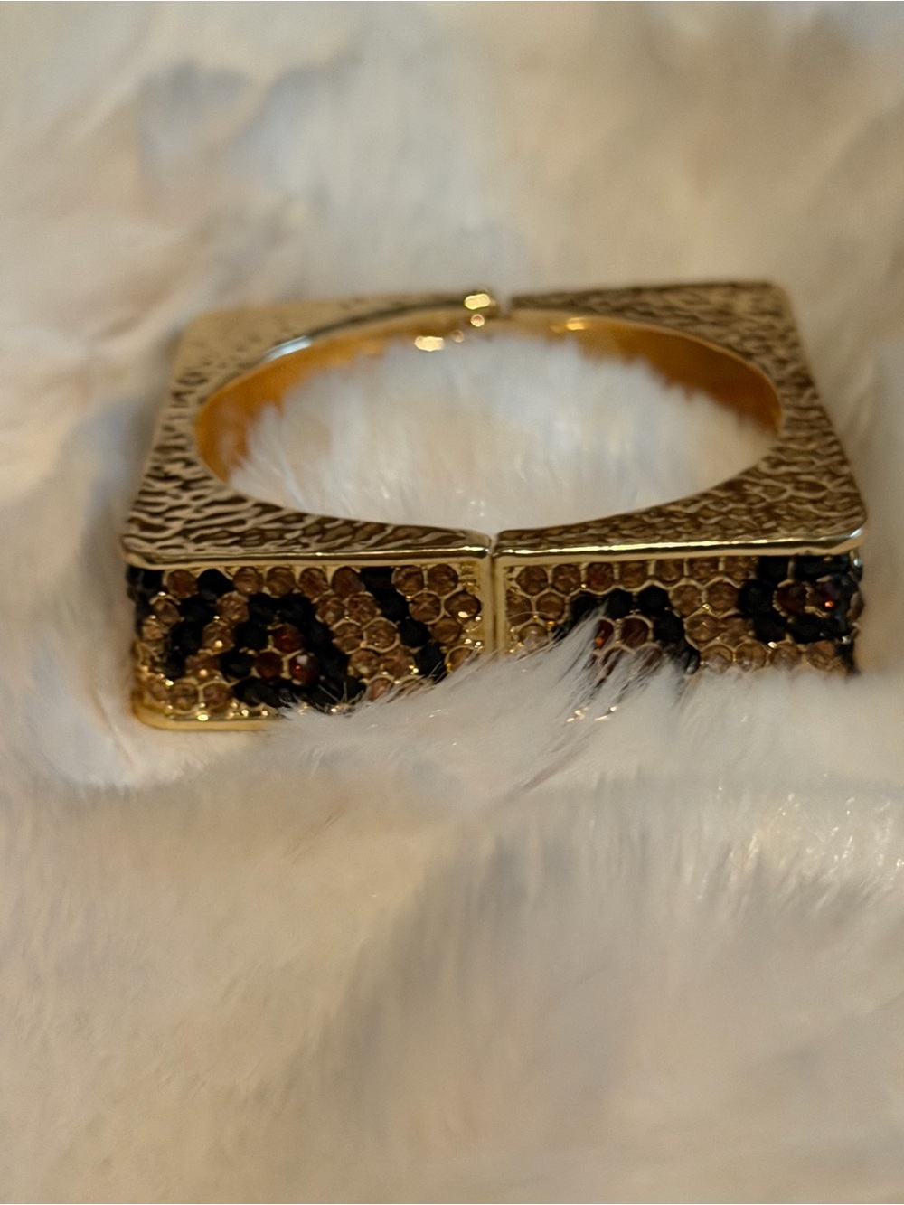 Gold-Tone Leopard Crystal Square Hinged Bangle Bracelet